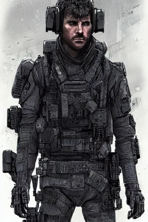 Image similar to the ghost. blackops mercenary in near future tactical gear, stealth suit, and cyberpunk headset. Blade Runner 2049. concept art by James Gurney and Mœbius.