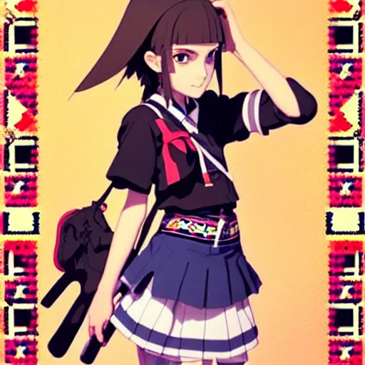 Image similar to a beautiful! boyish! natalie portman model, wearing catholic school girl outfit with mayan pattern and native style, aztec street fashion, guilty gear art direction, gapmoe yandere grimdark, trending on pixiv fanbox, painted by greg rutkowski makoto shinkai takashi takeuchi studio ghibli, akihiko yoshida