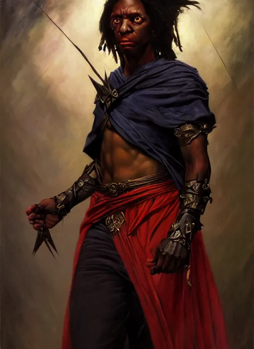 Image similar to african american wizard, full body, hyper realistic, extremely detailed, dnd character art portrait, dark fantasy art, intricate fantasy painting, dramatic lighting, vivid colors, deviantart, artstation, by edgar maxence and caravaggio and michael whelan and delacroix.