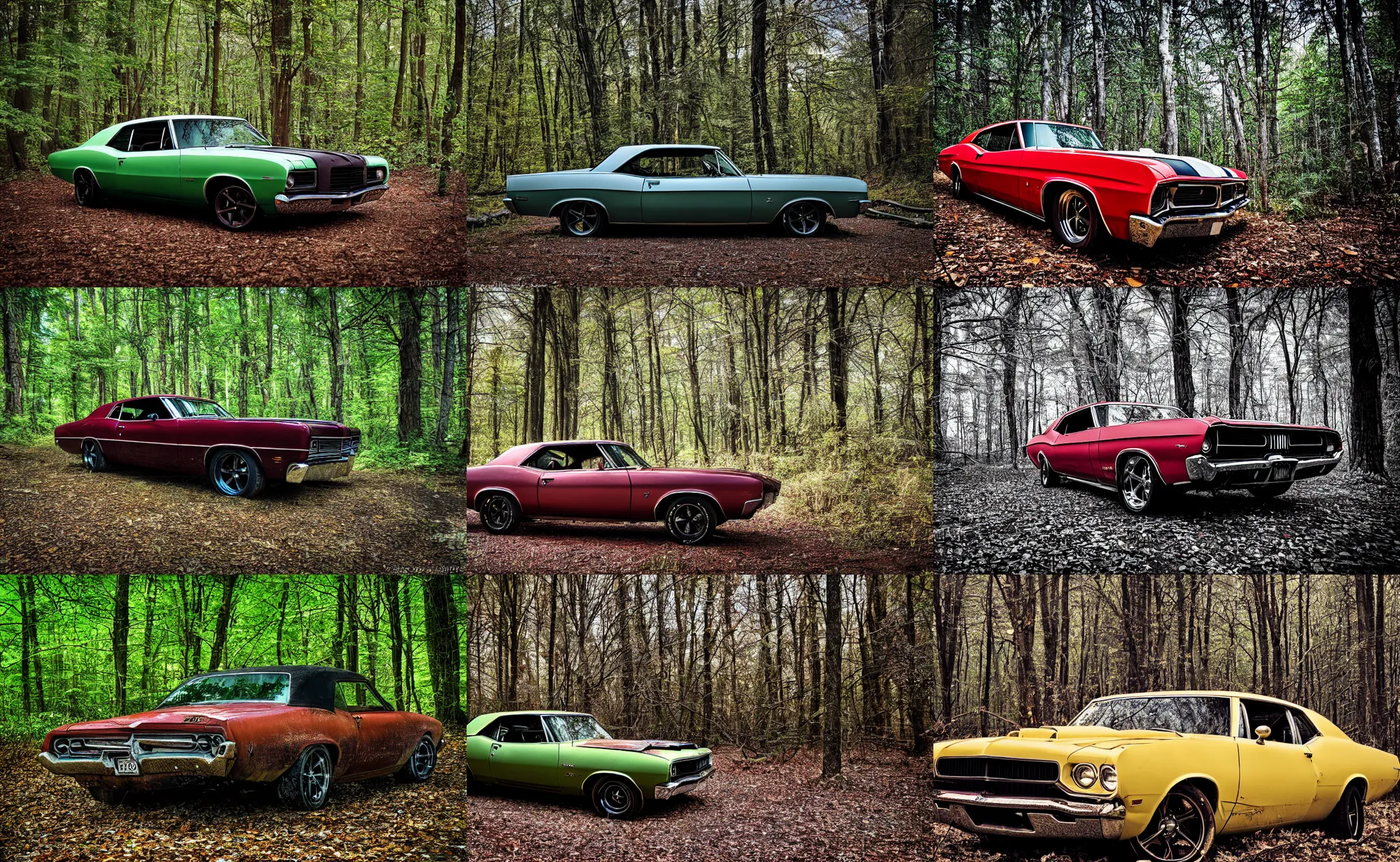Prompt: photograph old muscle car in the woods