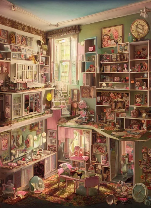 Image similar to highly detailed wide - angle portrait of a retro 1 9 6 0 s doll house, nicoletta ceccoli, mark ryden, lostfish, earl nore, hyung tae, frank frazetta, global illumination, god rays, detailed and intricate environment