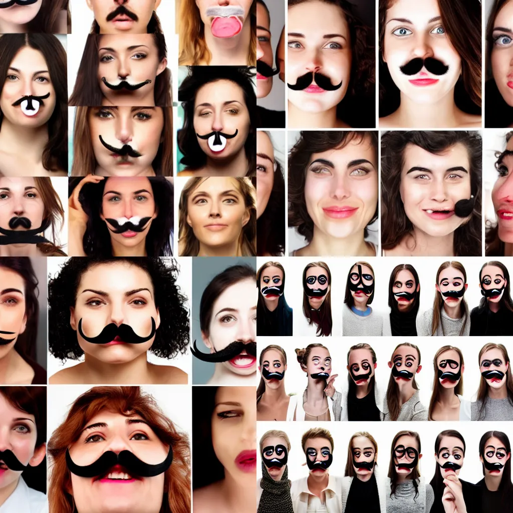 Prompt: collage of extreme close up women with mustaches faces pleasure