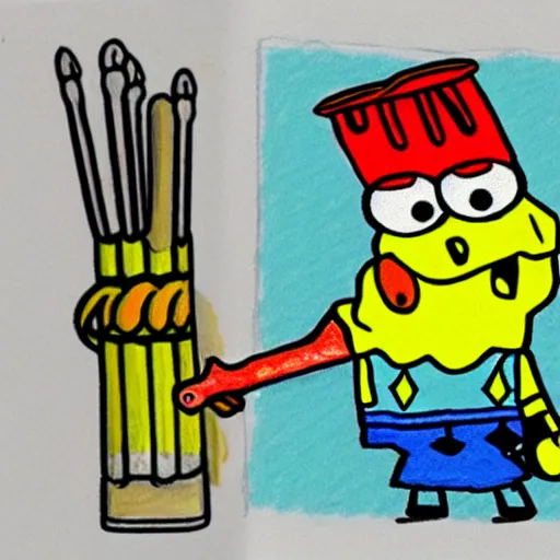 Image similar to sketchy crayon drawing of spongebob squarepants holding a kitchen knife, childish rough sketch, accurate