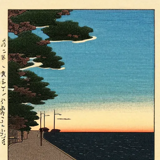 Prompt: A road by the sea, as the sun sets on the horizon, in the style of kawase hasui