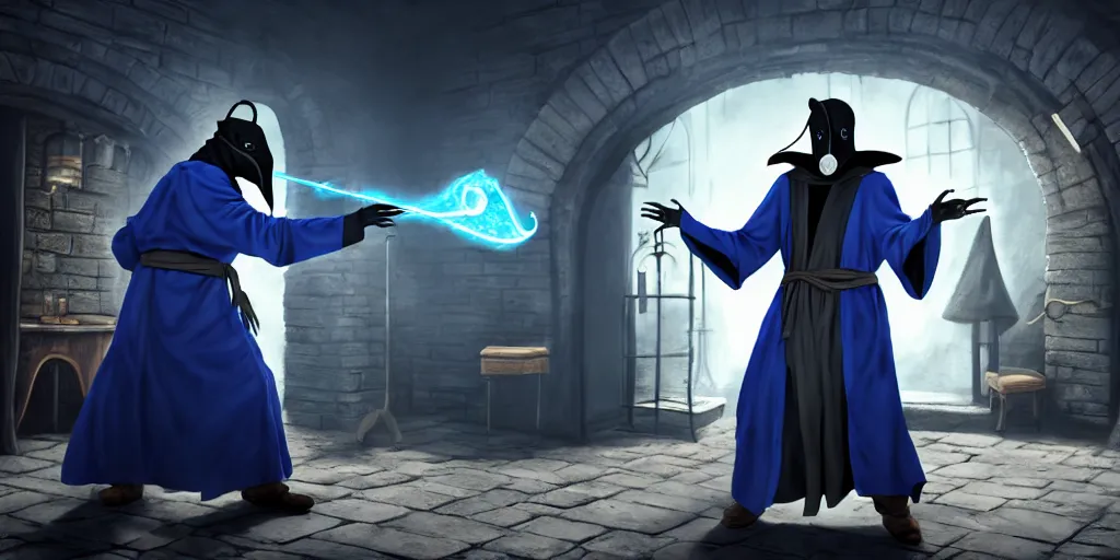 Prompt: action packed scene of a plague doctor in a blue wizard robe who is casting a spell that is coming from his hands he is in an alchemist lab, action pose, medium shot, waist up, digital art, photoreal, 4 k, unreal engine 5, anime, d & d design, gta cover art, comic book art