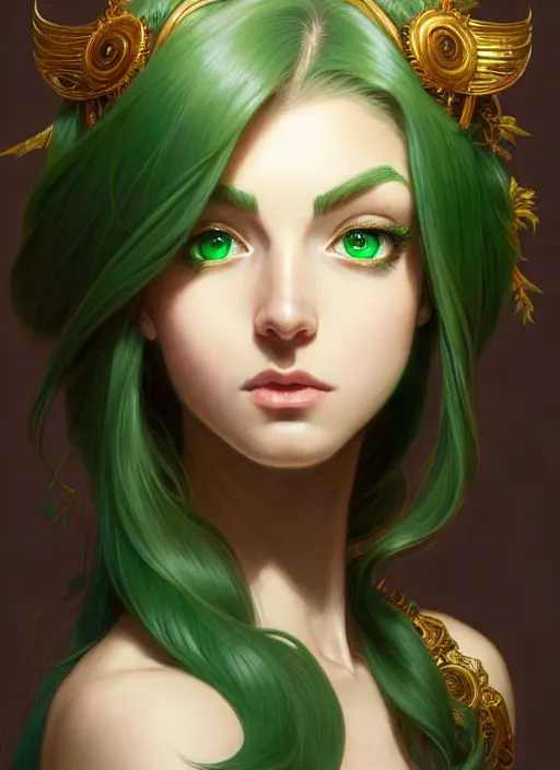 Image similar to portrait, from left, head and body, palutena, piercing green eyes, green hair, concept art, unreal engine, by rossdraws, frank franzzeta, intricate, masterpiece, elegant, hyper detailed, unreal engine rendered, concept art, smooth, sharp focus, illustration, art by artgerm and greg rutkowski and alphonse mucha and garis edelweiss