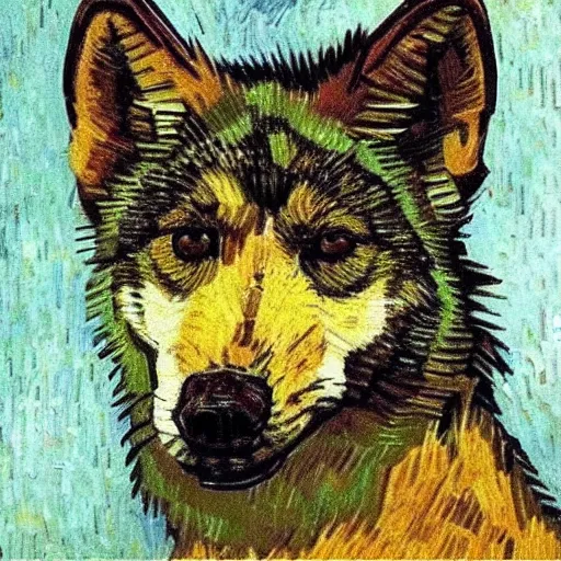 Image similar to retarded wolf portrait, van gogh style