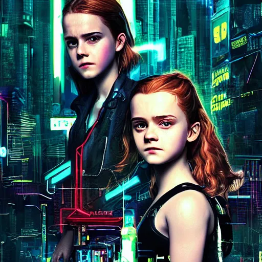 Image similar to emma watson and sadie sink in cyberpunk style digital art very detailed 4 k detailed super realistic