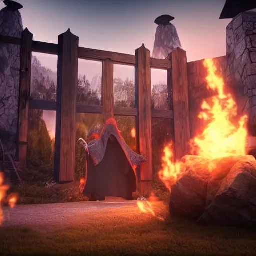 Image similar to A wizard launching a fireball at a wooden gate, 4k, highly detailed, octane render