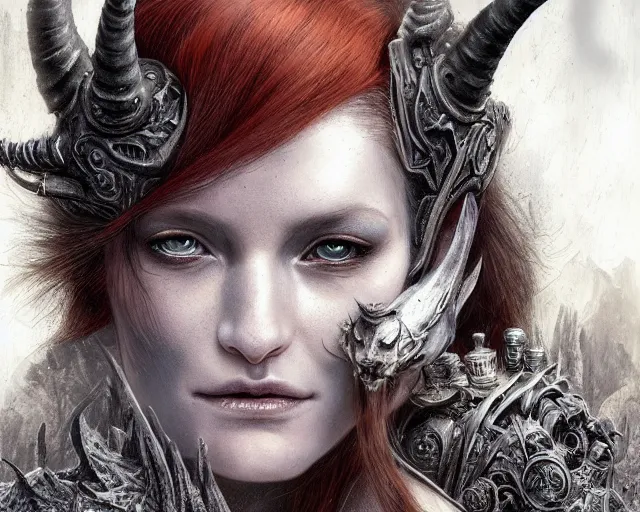 Image similar to 5 5 mm portrait photo of an armored gorgeous anesthetic redhead woman warrior with a face tattoo and horns growing from her head and a gargoyle sitting on her shoulder, in a magical forest in the style of luis royo. art by greg rutkowski. highly detailed 8 k. intricate. lifelike. soft light. nikon d 8 5 0.