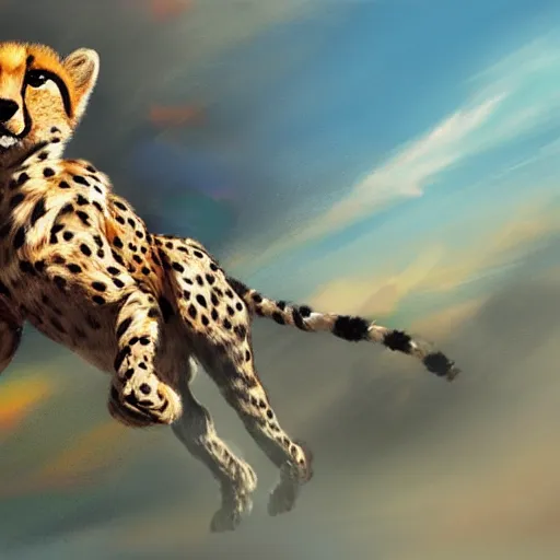 Prompt: cheetah running on a rainbow, high detail, concept art, artstation,