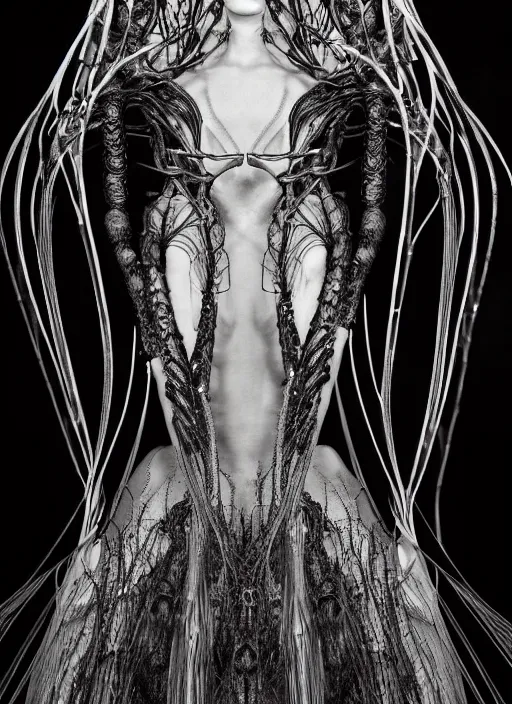 Image similar to walking down the catwalk, ben watts, show, stage, vogue photo, podium, fashion show photo, historical baroque dress dark, iris van herpen, beautiful woman, masterpiece, intricate, biopunk, vogue, full body shot, alien, plant predator, guyver, giger, wires, tubes, veins, jellyfish, white biomechanical details, highly detailed