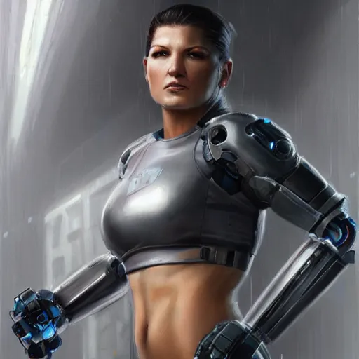 Prompt: gina carano with robotic cybernetic metallic grey left arm, casual pose, large portrait, cyberpunk, digital painting, artstation, concept art, smooth, 8 k frostbite 3 engine, ultra detailed, art by artgerm and greg rutkowski and magali villeneuve