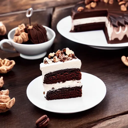 Image similar to cinematic dramatic lights movie shot of ultra realistic catalog photo of a cup full of sweet goloso pasticceria chocolate ice cream cake with a coffee - praline twist cream bigne in with rich details in luxury cup and plates