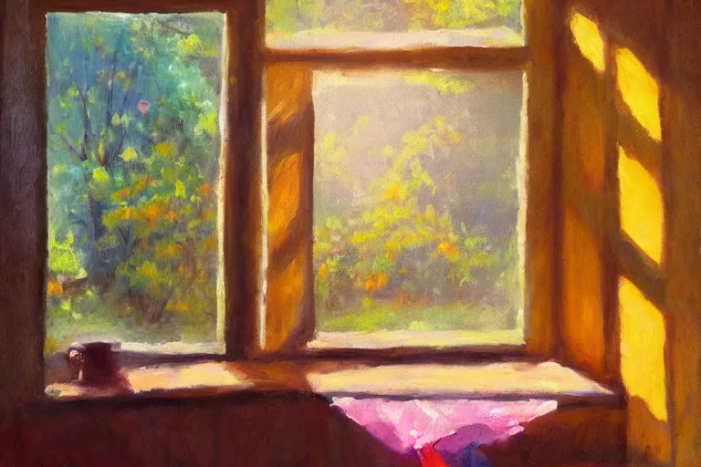 Image similar to rays of the morning sun shining through the window of the village house. very beautiful, clear sky, warm shiny colors, oil painting