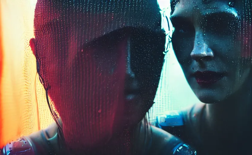 Image similar to cinestill 5 0 d candid photographic portrait by christopher nolan of two loving female androids wearing rugged black mesh techwear in treacherous waters, extreme closeup, modern cyberpunk retrofuturism moody emotional cinematic, pouring colorful rain, 8 k, hd, high resolution, 3 5 mm, f / 3 2, ultra realistic faces, ex machina