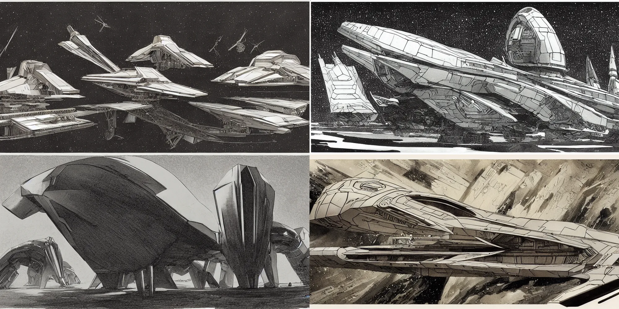 Prompt: the production sketches of science fiction spaceship exterior shaped like a diamond tipped with ice on one end and flanked by two futuristic spaceship drives, direct sunlight, harsh shadows, deep dark space, intricate exterior design and detailed illustrations by john harris and n c wyeth and ron cobb and chris foss and syd mead