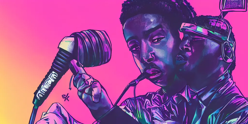 Prompt: rapper points microphone straight to camera, digital art, vapor wave, hip hop, blade runner, trending on Artstation, professional artist, detailed, 4k