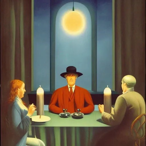 Image similar to A seance, by Raphael Hopper, and Rene Magritte. Extremely Highly detailed, Occult, funny, humorous, humor, hilarious, funny, entertaining, magical, trending on artstationHQ