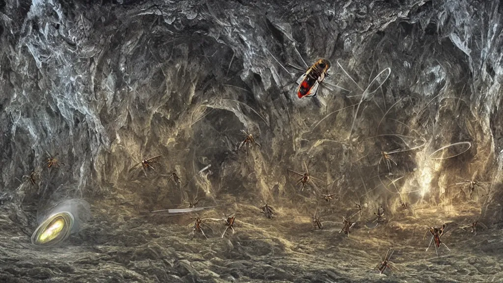 Image similar to mothership of aliens with giant insects flies into the ribcage cave