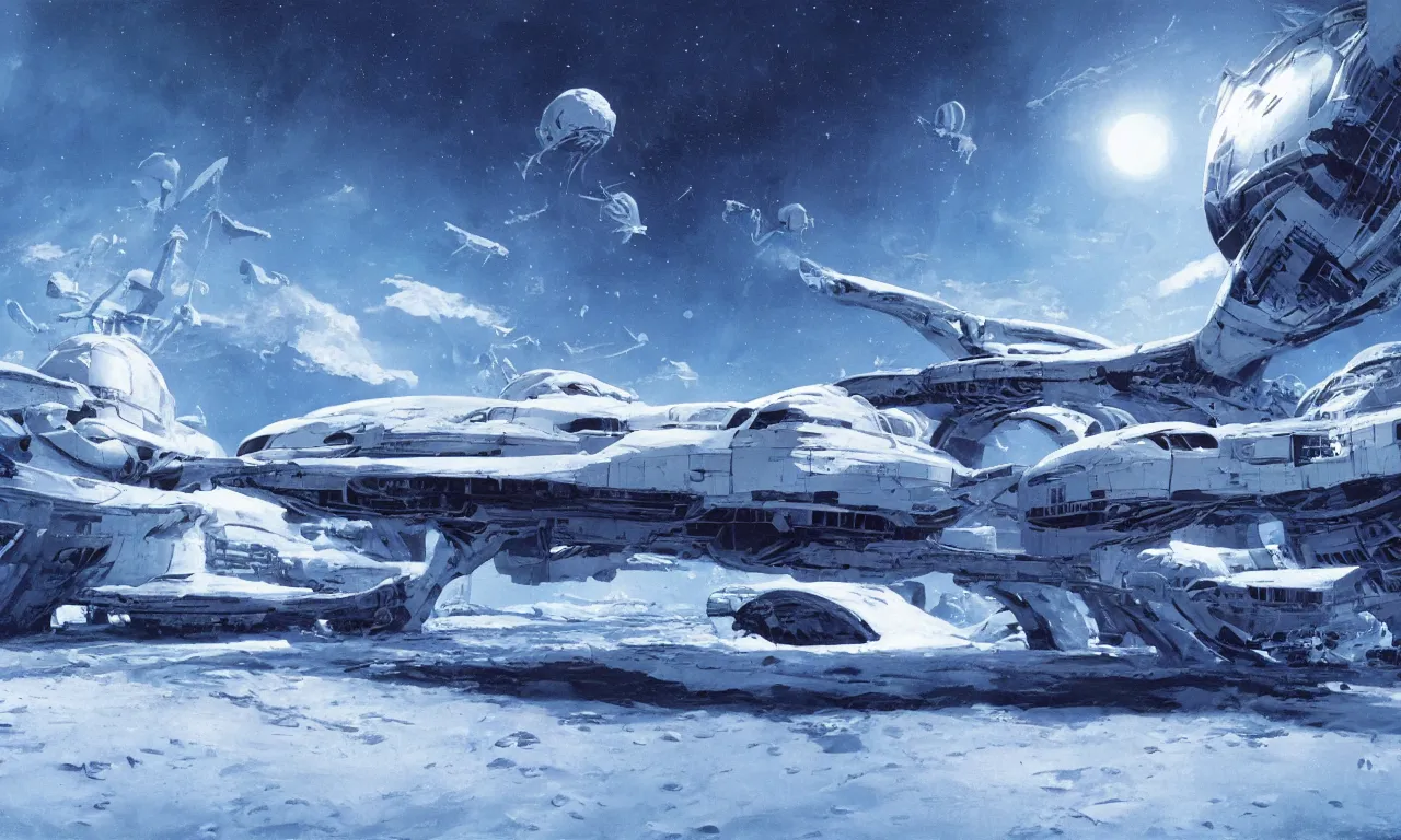 Prompt: remains of a derelict spaceship covered in snow on a frozen alien world, science-fiction, cinematic lighting, cinematic angle, Syd Mead, Federico Pelat, daylight, blue sky, spaceship in the sky