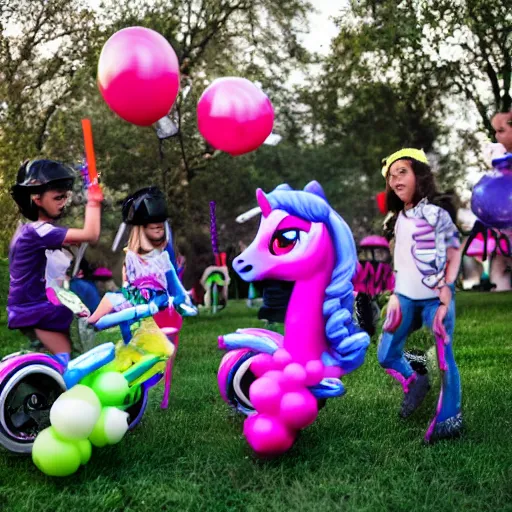 Image similar to children riding (my little pony) at a birthday party in the city park. balloons, cake, presents, craziness, havoc, style of pixar, 8K, 4K