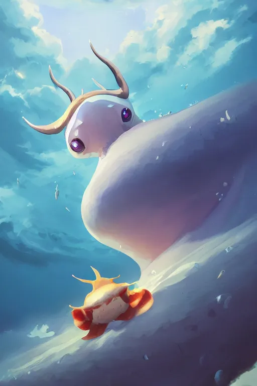 Image similar to a very cute sea slug with long horns, by rhads, makoto shinkai and lois van baarle, johannes voss, low angle fisheye view, sky whith plump white clouds, elegant, highly detailed, artstation, 8 k, unreal engine, hdr, concept art, volumetric lighting matte