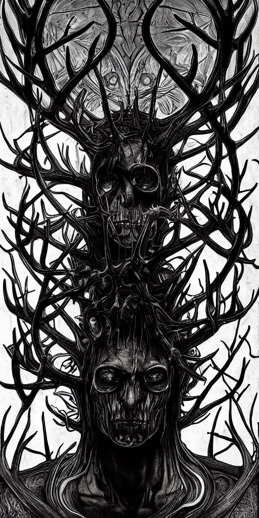 Image similar to intense glowing black metal pagan god with veins and antlers and intense pure black eyes and a blood skull in very dark wooden cathedral by beksinski and alphonse mucha and artgerm, portrait, fantasy, clear, light beams, lens flare, intense, uhd, amazing depth, cinematic lighting, shining gold and black and red
