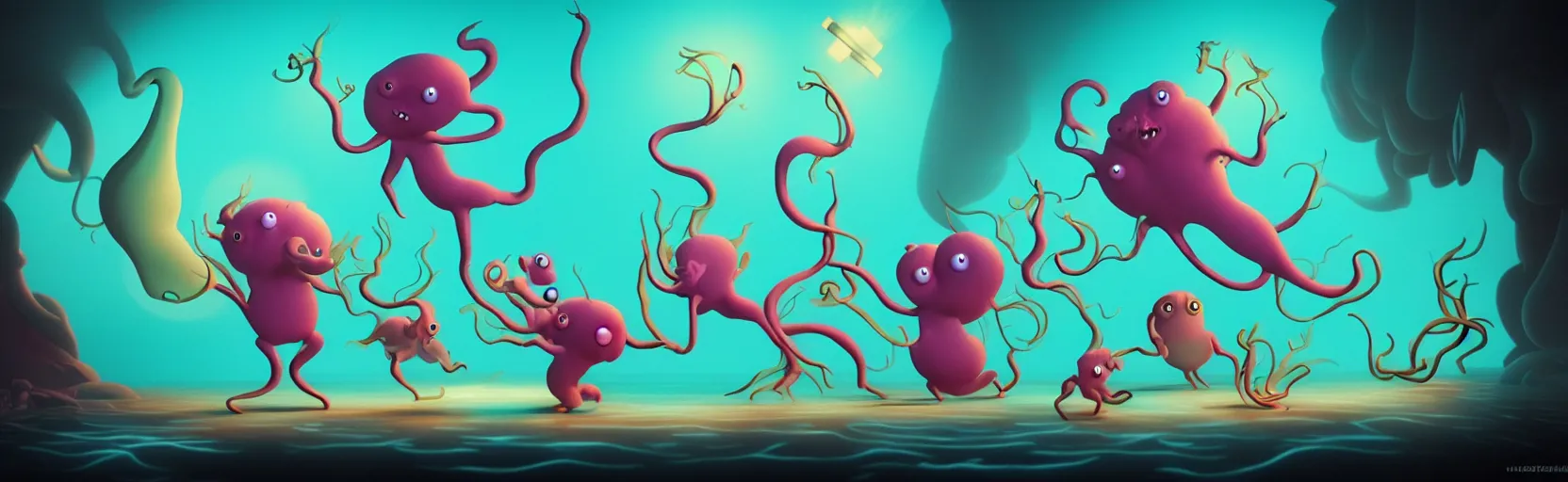 Prompt: whimsical unanny creatures from the depths of imaginal sea, dramatic lighting, surreal fleischer cartoon characters