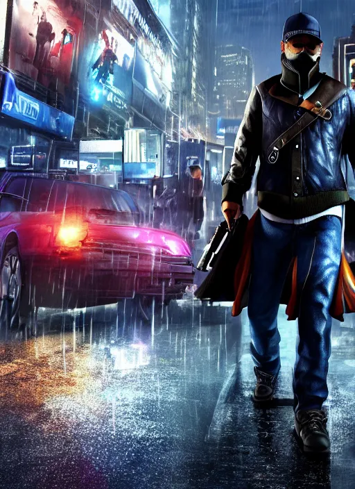 Image similar to watch dogs the movie, aiden pearce, movie poster, explosion in the back, night, rain, cars, civilians, runing, weapons