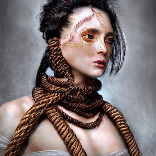 Image similar to portrait of a Shibari rope wrapped face and neck, headshot, insanely nice professional hair style, dramatic hair color, digital painting, of a old 15th century, roman gladiatorr, amber jewels, baroque, ornate clothing, scifi, realistic, hyperdetailed, chiaroscuro, concept art, art by Franz Hals and Jon Foster and Ayami Kojima and Amano and Karol Bak,