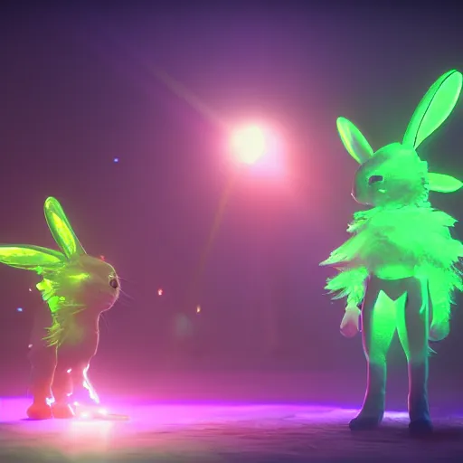 Image similar to neon fluorescent, iridescent cute bunny rabbits with fairy wings cyperpunk 2 0 7 7, unreal engine 5, 8 k ultra realistic, hyperdetailed, volumetric lighting, extremely high quality