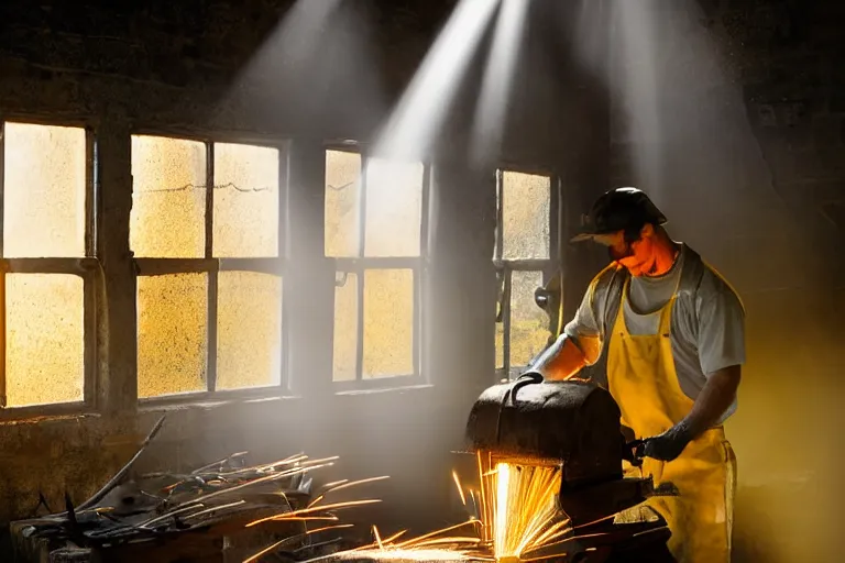 Prompt: blacksmith working, yellow sparks, rays of light trough a window, atmospheric, dramatic lighting, beautiful
