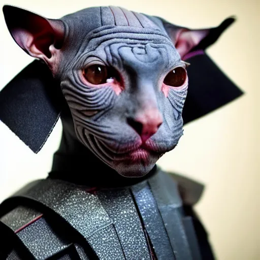 Image similar to samurai armor worn by hairless sphynx cat