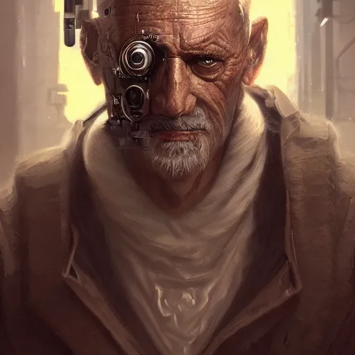 Image similar to Ultrarealistic illustration old man cyborg, cyberpunk, sci-fi fantasy,intricate,elegant,highly detailed, digital painting, artstation, concept art