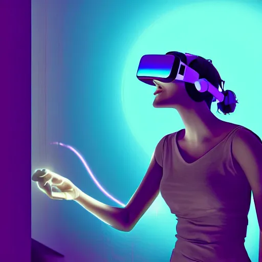 Prompt: digital art of a woman playing with a vr headset in a cyan and purple lit room greg rutkowski style