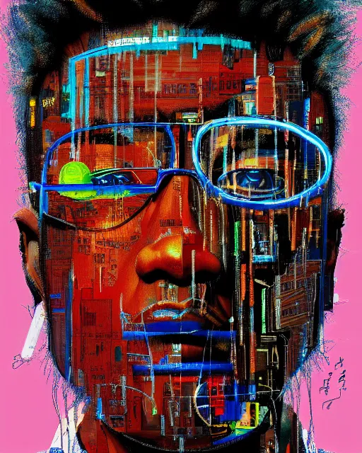 Prompt: a cyberpunk portrait of a famous actor by jean - michel basquiat, by hayao miyazaki by artgerm, highly detailed, sacred geometry, mathematics, snake, geometry, cyberpunk, vibrant, water