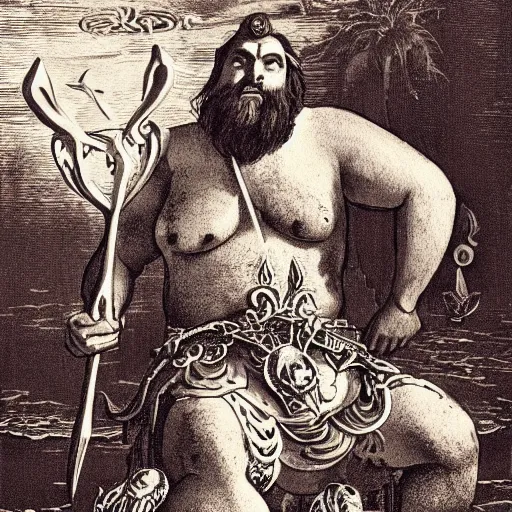 Prompt: The illustration shows a mythological scene. A large, bearded man is shown seated on a throne, surrounded by sea creatures. He has a trident in one hand and a shield in the other. Behind him is a large fish, and in front of him are two smaller creatures. rococopunk by William Wegman, by John Atkinson Grimshaw angular, kaleidoscopic