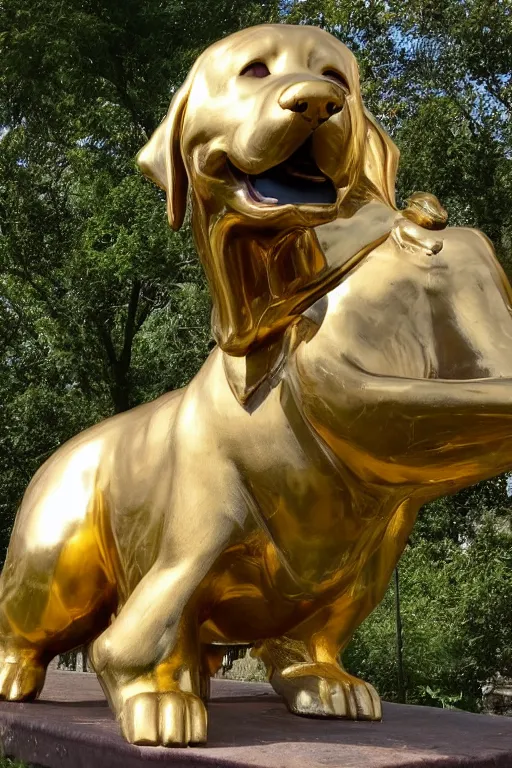 Prompt: a huge golden statue of a dog smiling, photography