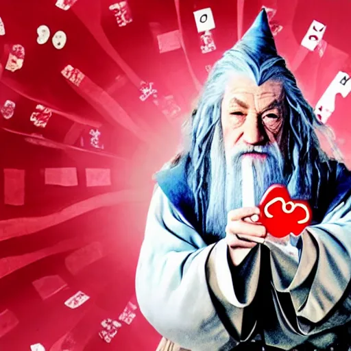 Image similar to portrait of gandalf, wearing a Hello Kitty costume, holding a blank playing card up to the camera, movie still from the lord of the rings