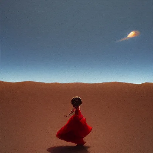 Prompt: a little girl with a red dress walking on the desert geog darrow greg rutkowski