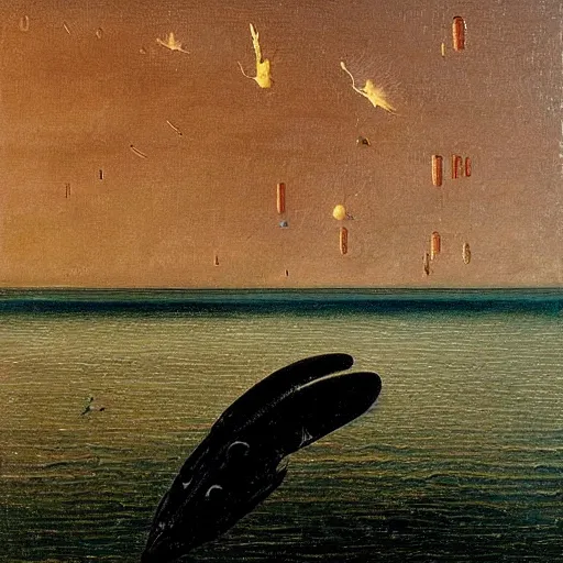 Image similar to an ultra detailed impasto oild painting maritime wildlife floating into space painted by caspar david friedrich