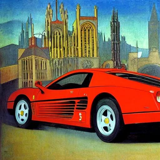 Prompt: a red ferrari testarossa in front of gothic architecture, gotham city by nc wyeth and daniel mumford