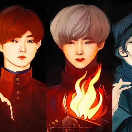 Image similar to MIN YOONGI is ZUKO, night time, dynamic lighting , looking at his FIRE SCAR reflection, +++ super super super dynamic posing, j.c. leyendecker, Valentina Remenar, thick eyebrows, super serious facial expression