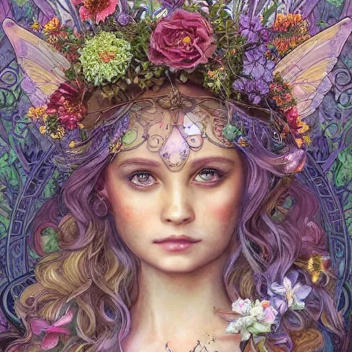 Image similar to Beautiful garden witch goddess, ornate fairy crown, california girl, wearing a flowing dress, lots of flowers, symmetrical face, art nouveau, portrait, cute, playful, fairy, harper's bazaar, pearlescent, sacred geometry, detailed background, featured on artstation, by Daniel Gerhartz, by ross tran, bright pastel colors, face by artgerm, by Kelly McKernan, by Charlie Bowater, by Laura rubin, 8k