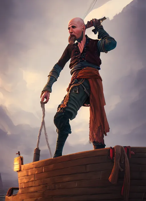 Image similar to An epic fantasy comic book style portrait painting of a skinny white bald sky-pirate with a goofy expression sitting in front of a ship's cannon, unreal 5, DAZ, hyperrealistic, octane render, cosplay, RPG portrait, dynamic lighting