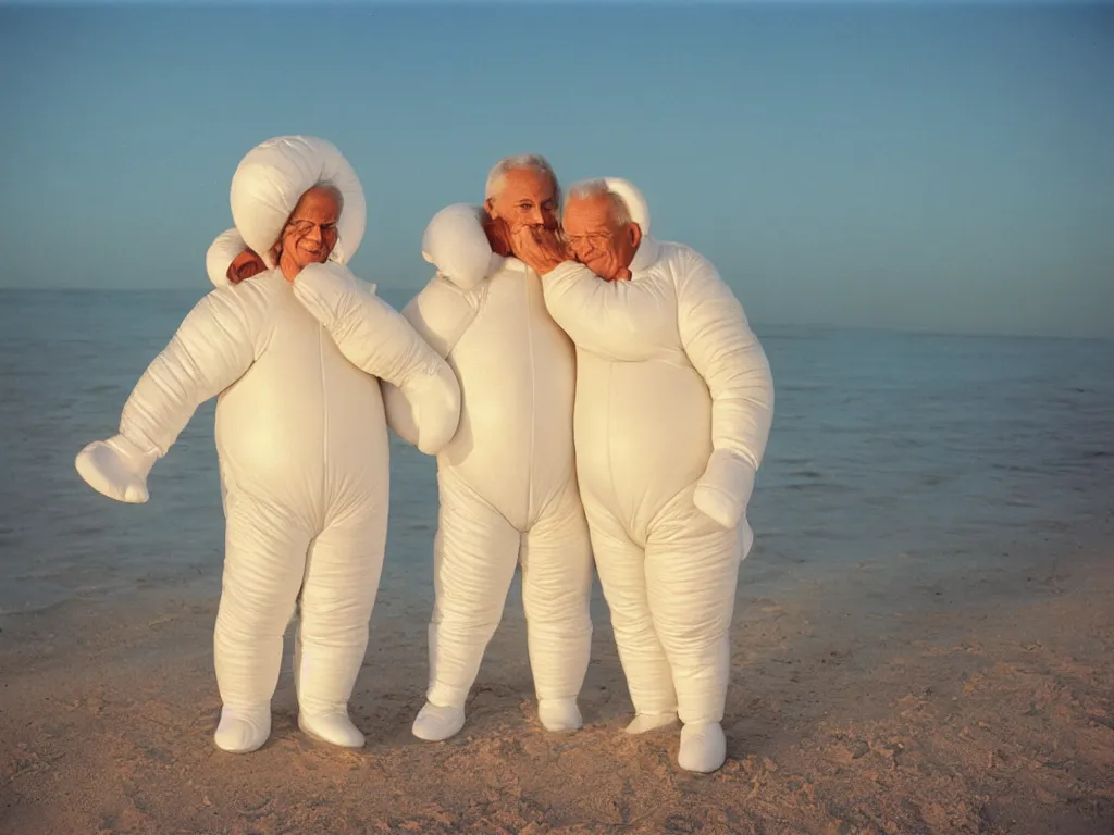 Image similar to a martin parr photo of a grandpa couple, wearing michelin man white body costumes in a beach, sunrise, 1 9 7 0 s kodachrome colour photo, flash on camera,