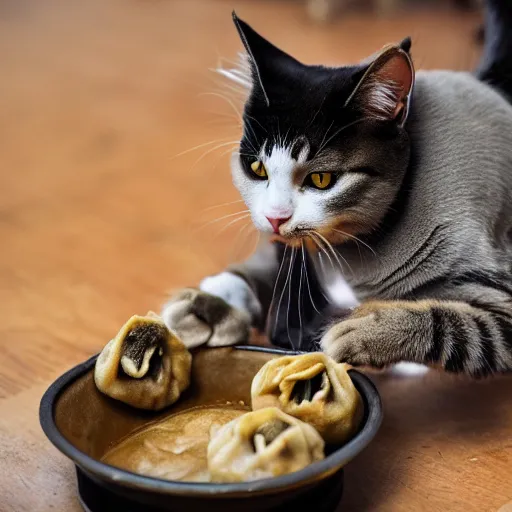 Prompt: a cat eating dumplings