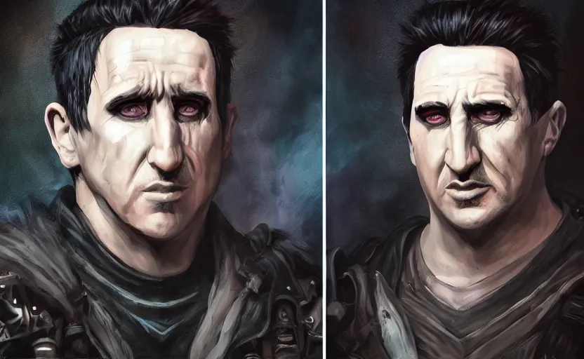 Image similar to an epic fantasy comic book style portrait painting of a very imposing industrial goth trent reznor in icarly, character design by mark ryden and pixar and hayao miyazaki, unreal 5, daz, hyperrealistic, octane render, cosplay, rpg portrait, dynamic lighting, intricate detail, cinematic