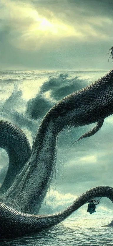 Image similar to giant serpent made of water, made of liquid, rising up from ocean, water armor, high detail, high contrast, close up portrait, studio lighting, stormy seas, beautiful, bokeh, snowy, storm clouds, god rays, d & d, fantasy, elegant, aquamarine color palette, concept art, roger deakins and greg rutkowski and alphonse mucha